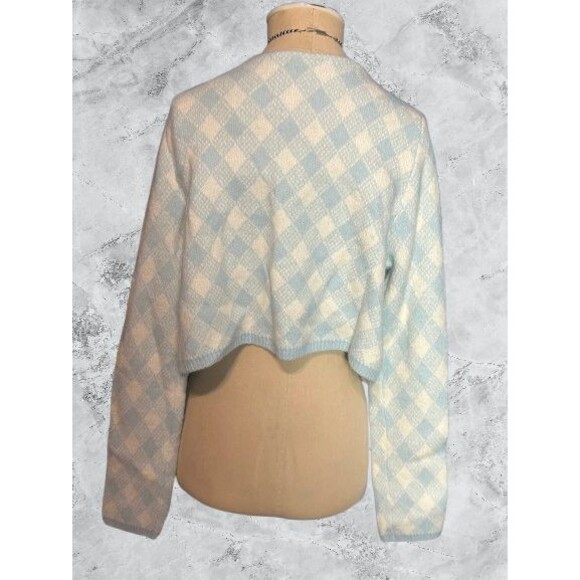 Mable 2 piece set Plaid Sweater Set Blue White Tube Top Cardigan Size Small - Picture 3 of 4